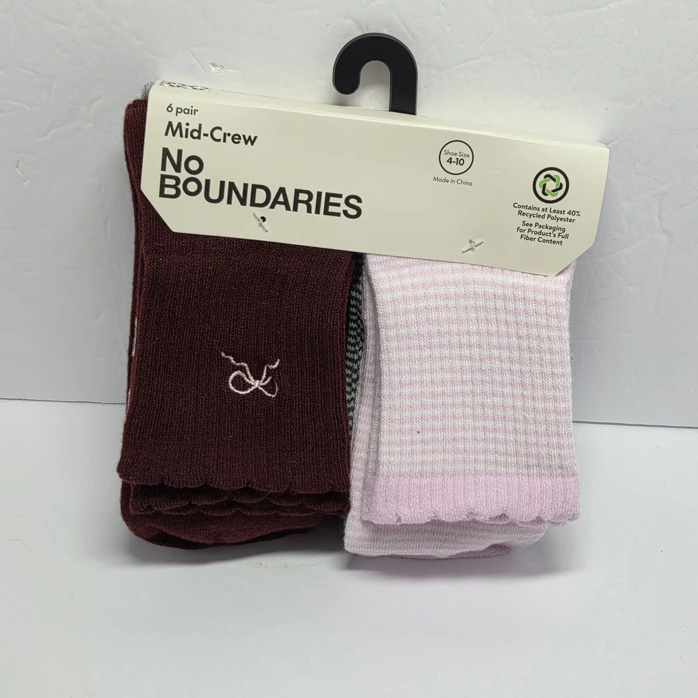 No Boundaries Women's Mid-Crew Socks 6 Pairs Bow‎ Multicolor Size 4-10